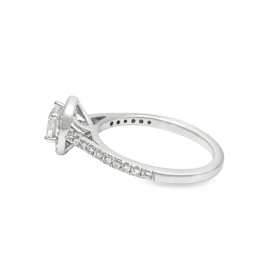 14K White Gold Diamond Halo Set Engagement Ring with Round Solitaire Center 1.06 ctw