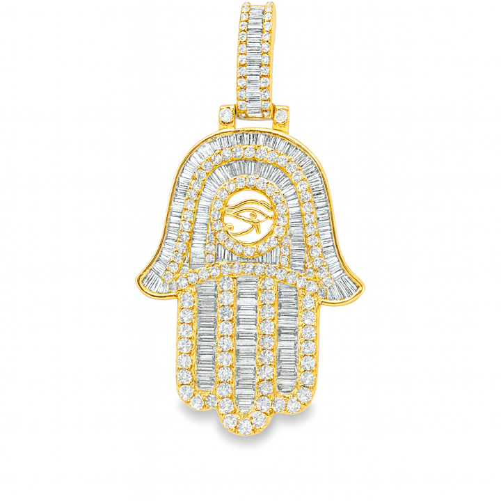 10K Yellow Gold Diamond Hamsa Pendant 2.50 ctw | Baguette & Round Diamond Hand of Protection