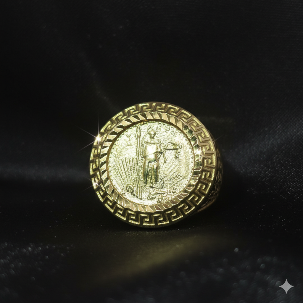 10K Gold Greek Coin Ring for Men – Bold Medallion Style Statement