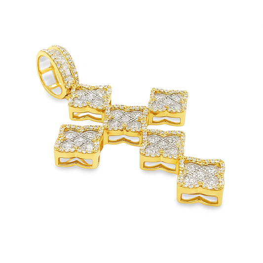 10K Yellow Gold Diamond Cross Pendant 2.00 ctw Baguette & Round Cluster Design | Men's & Women's Gold Cross Necklace