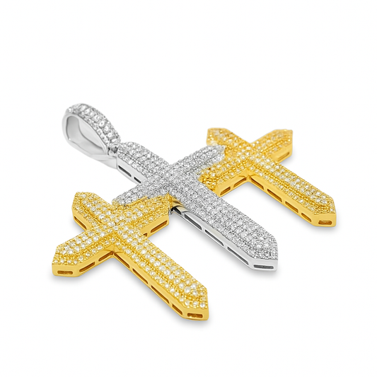 10K Yellow & White Gold Triple Cross Diamond Pendant 2.25 ctw Round Brilliant Cut | Men's Iced Out Faith Necklace