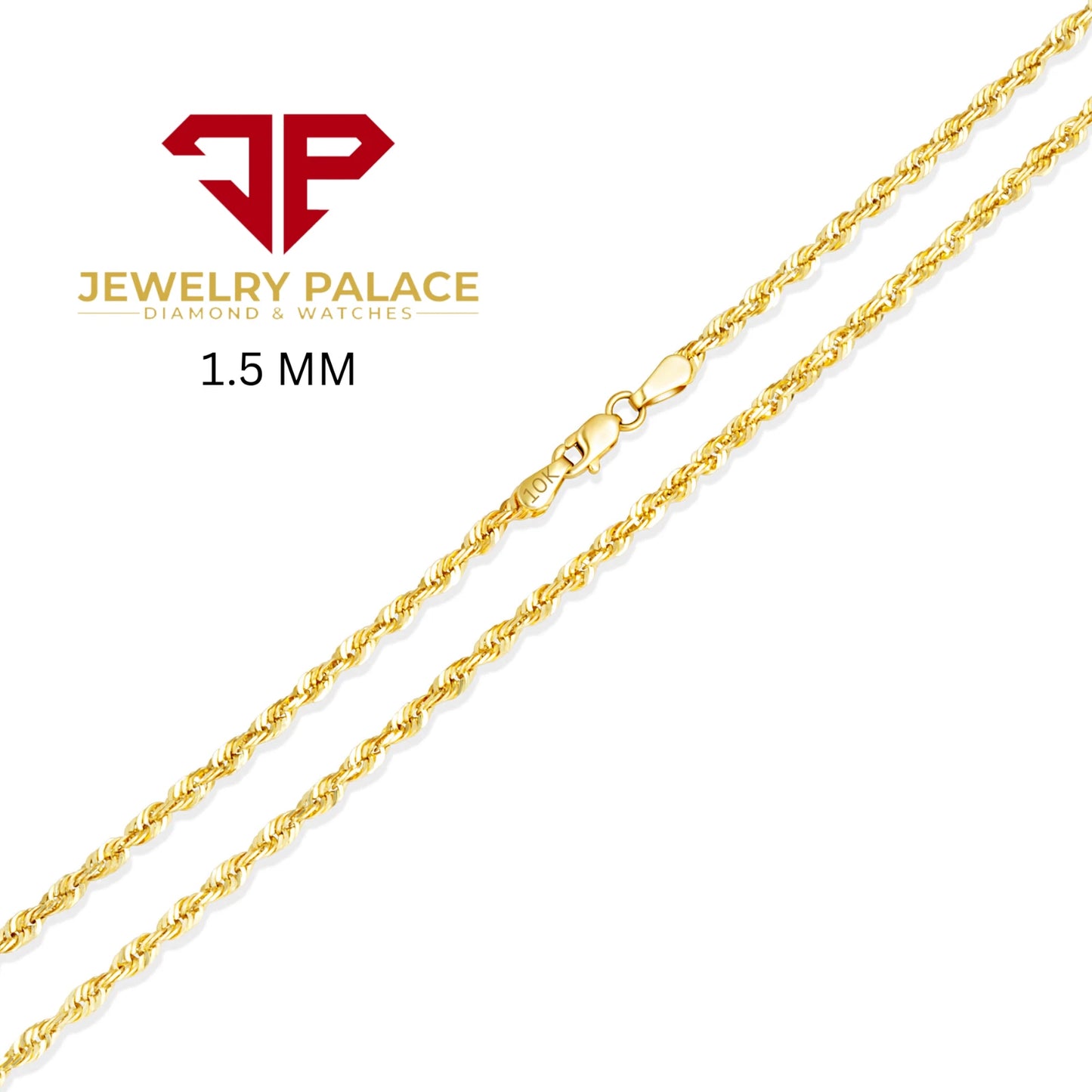 10K Yellow Gold SEMI-Hollow Rope Chain & Bracelet – Diamond Cut | Multiple Lengths & Thicknesses (1.5 mm–10mm) | Jewelry Palace