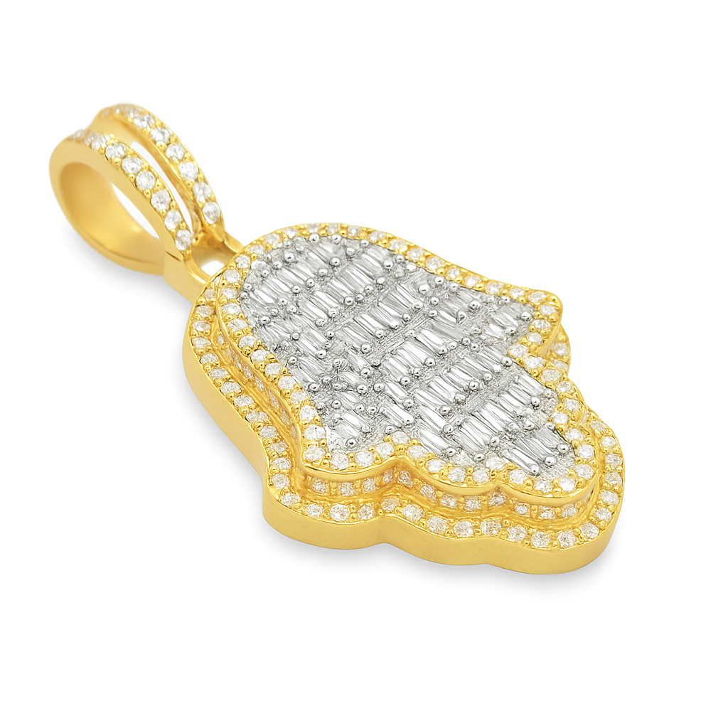 10K Yellow Gold Diamond Hamsa Pendant 3.66 ctw | Baguette & Round Diamond Charm