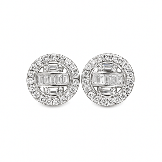 10K White Gold 0.70 ctw Diamond Halo Earrings | Baguette Center Studs | Jewelry Palace