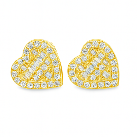 10K Yellow Gold 0.25 ctw Diamond Heart-Shaped Earrings | Baguette & Round | Jewelry Palace