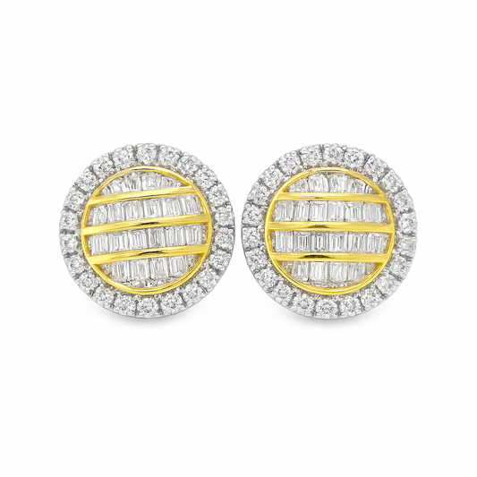 10K Yellow Gold 0.63 ctw Baguette Layered Diamond Round Earrings | Luxury Studs | Jewelry Palace