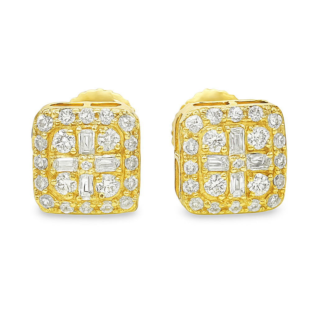 10K Yellow Gold Diamond Square Earrings – 0.21 CTW Baguette & Round Design | Jewelry Palace