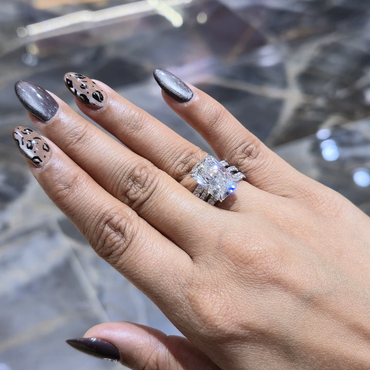 11.49CT Radiant Lab Grown Diamond Ring Set E VVS2 | 14K White Gold | Hidden Halo