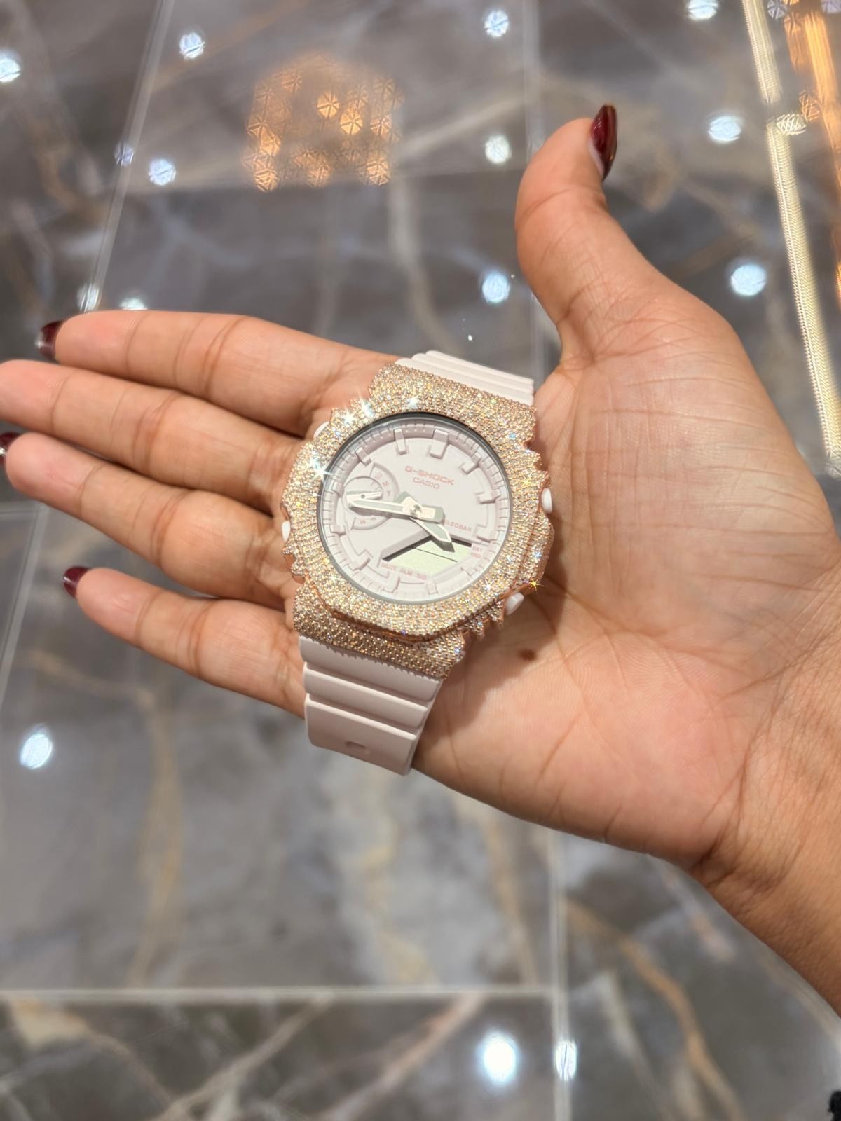 Casio G-Shock Pink S2100BA Iced Out Diamond Watch 5CT