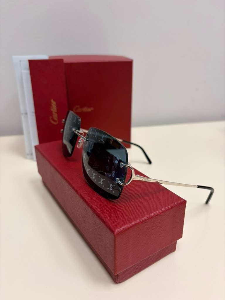 Cartier Big C Rimless Sunglasses Silver Frame Grey Lens Authentic w/ Box & Full