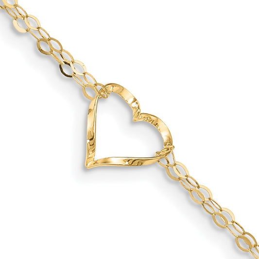 Real 14kt Yellow Gold Double Strand Heart 9in Plus 1in Ext Anklet; 9 inch