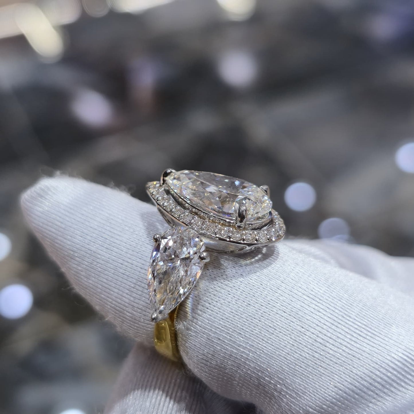 9.42CT Pear Lab Grown Diamond Engagement Ring | 14K Gold | E VVS2 | Halo 3-Stone