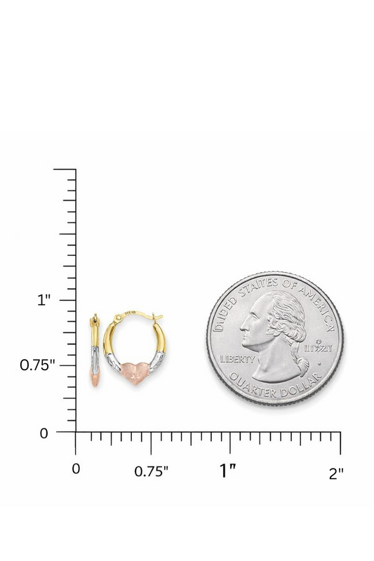 14K Tri-Color Gold Heart Diamond-Cut Round Small Hoops Earrings 13mm
