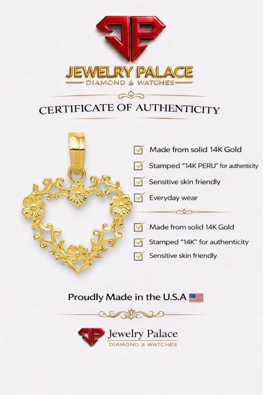 14K Yellow Gold Polished Floral Border Heart Pendant approx 1/2"