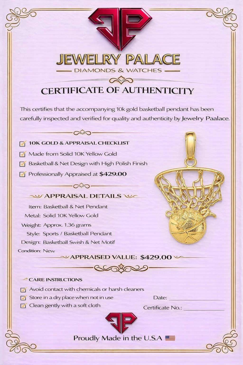 10K Yellow Gold Basketball Swoosh Net Pendant 1.36g Sports Gift Charm