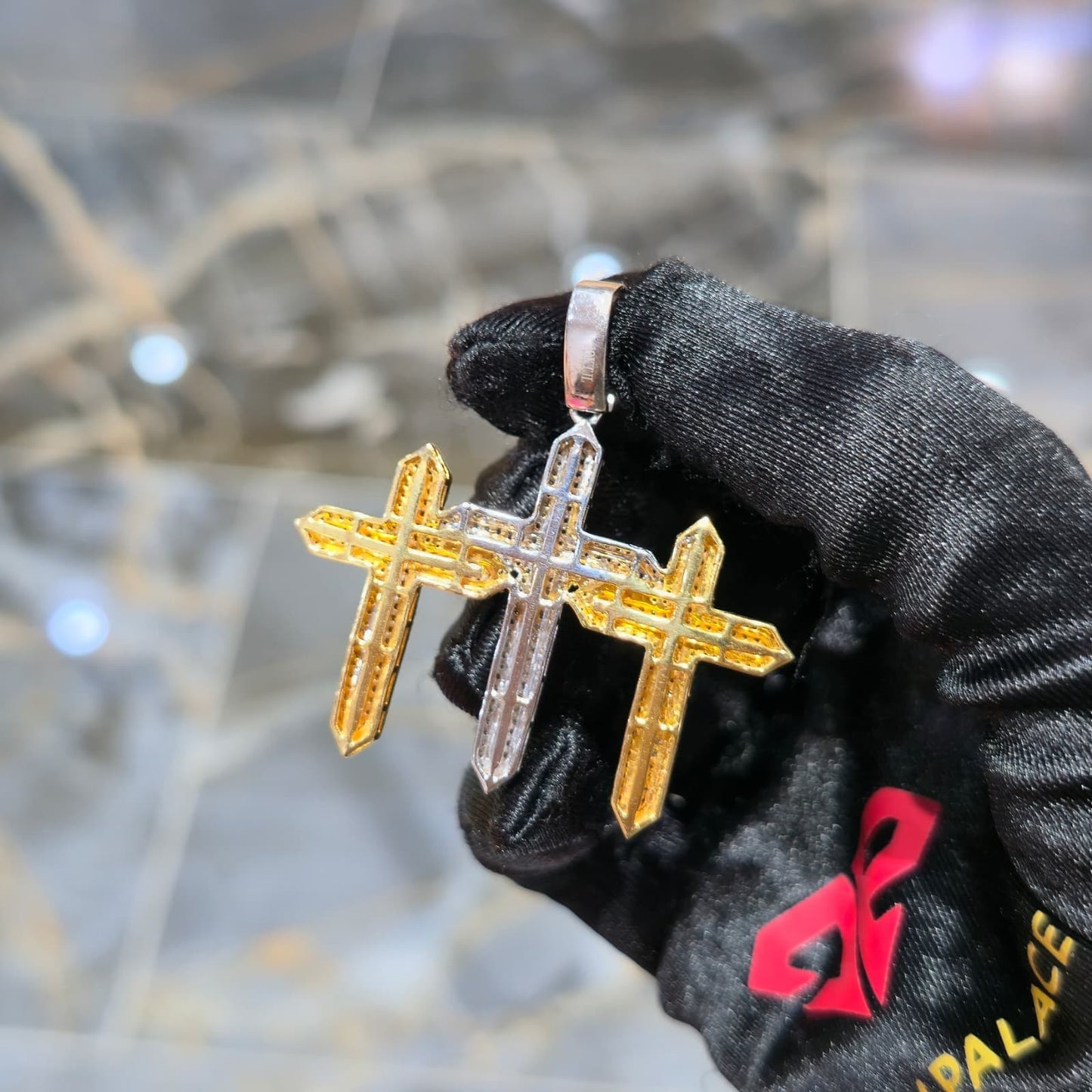 Real 10K Solid Yellow Gold Diamond Triple Cross Charm Pendant