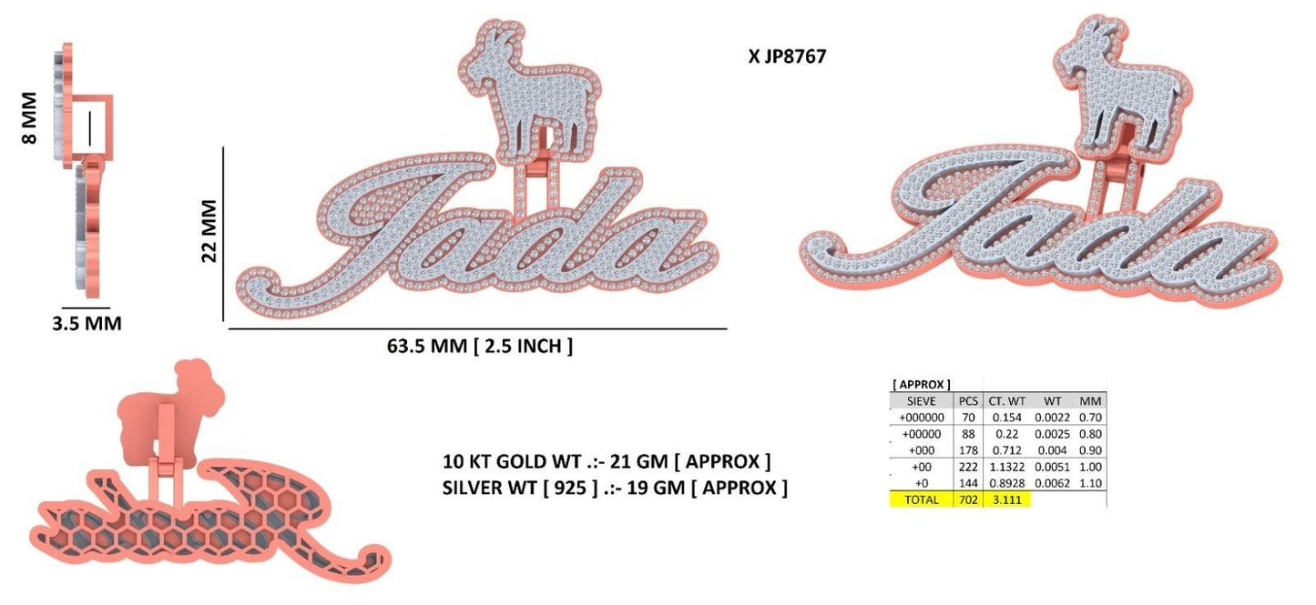 Custom Design Real Diamond Two Layer Cursive Nameplate Pendant Gold 2.5"