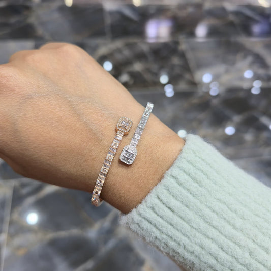 1.38 CT Real Diamond Bangle Bracelet Rectangular Halo Baguette 5MM 7” Solid Gold