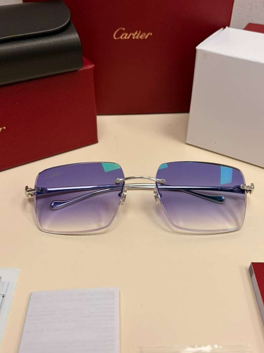 Cartier Panthere Decor Rimless Sunglasses Platinum Frame Blue Gradient Lens