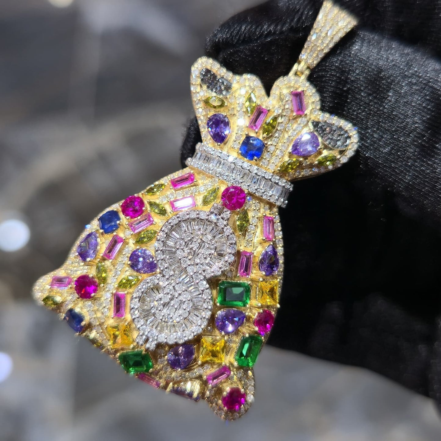 10K Gold Diamond Royal Money Bag Pendant 2.00ctw Multi-Color Gemstone 2 Inch