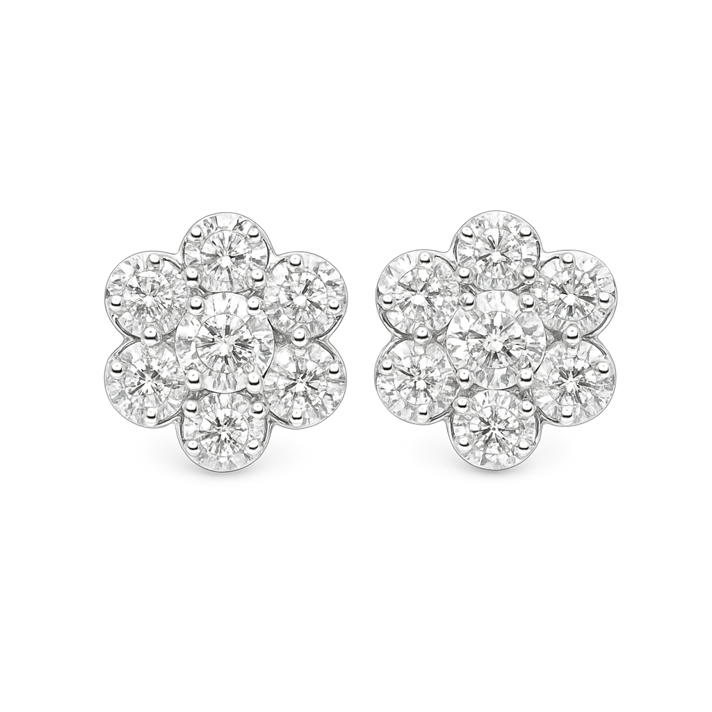 14K White Gold 0.80 ctw Diamond Flower Earrings | Cluster Studs | Jewelry Palace
