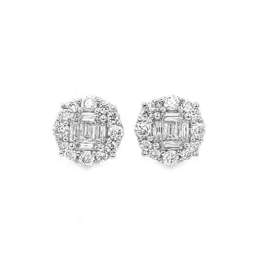 14K White Gold Baguette Center 4-Prong Diamond Round Earrings | Luxury Halo Studs | Jewelry Palace