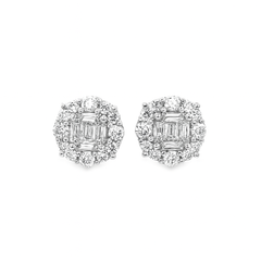 14K White Gold Baguette Center 4-Prong Diamond Round Earrings | Luxury Halo Studs | Jewelry Palace