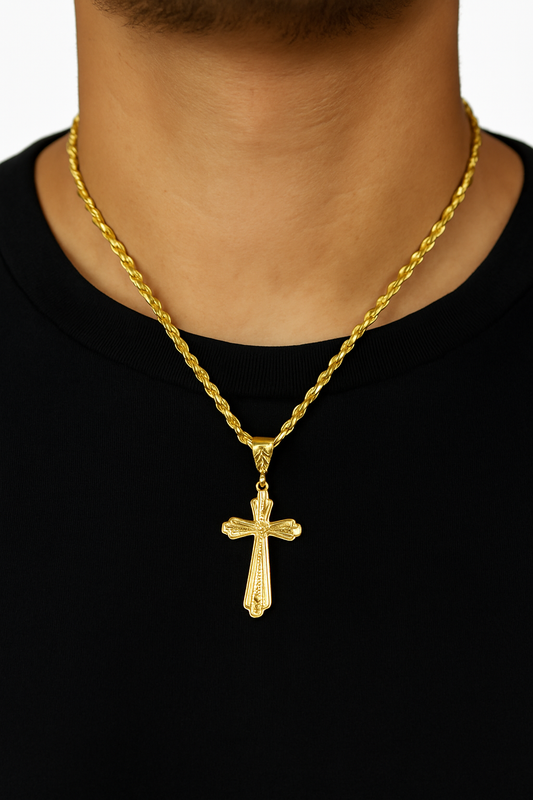 10K Yellow Gold Cross Necklace | Textured Cross Pendant with Rope Chain | Jewelry Palace