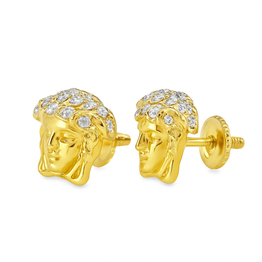 10K Yellow Gold Diamond Medusa Stud Earrings | 1/10 CTW Round-Cut Diamonds