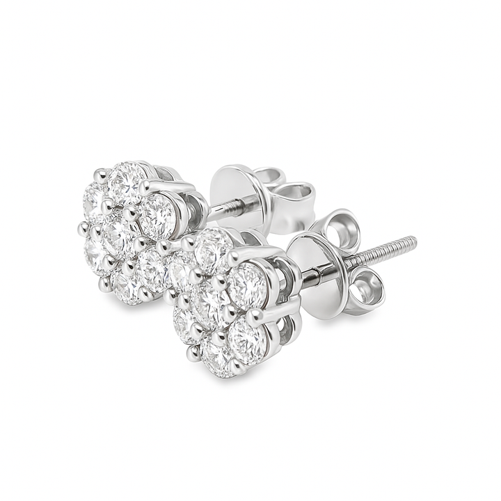10K White Gold 0.88 ctw Diamond Flower Earrings | Halo Cluster Studs | Jewelry Palace