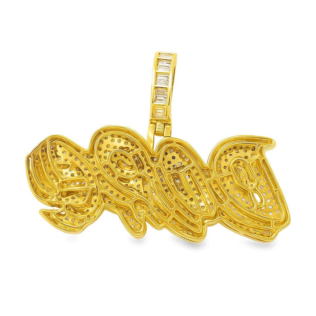 10K Yellow Gold 3D Handset Diamond Pendant 5.0 ctw | Baguette Border Iced Out Pendant for Men