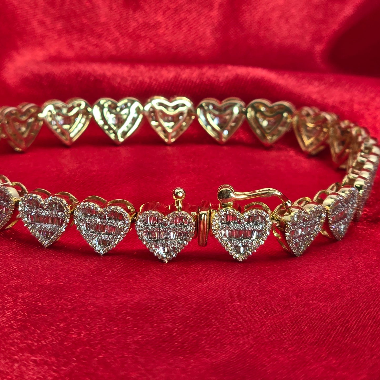 10k Yellow Gold Diamond Heart Shape Round and Baguette Bracelet 2.68 ctw