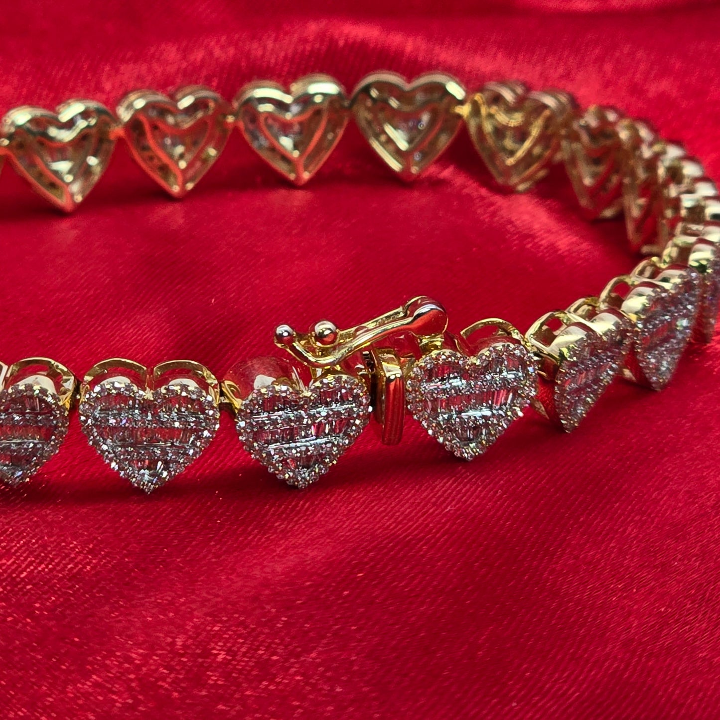 10k Yellow Gold Diamond Heart Shape Round and Baguette Bracelet 2.68 ctw