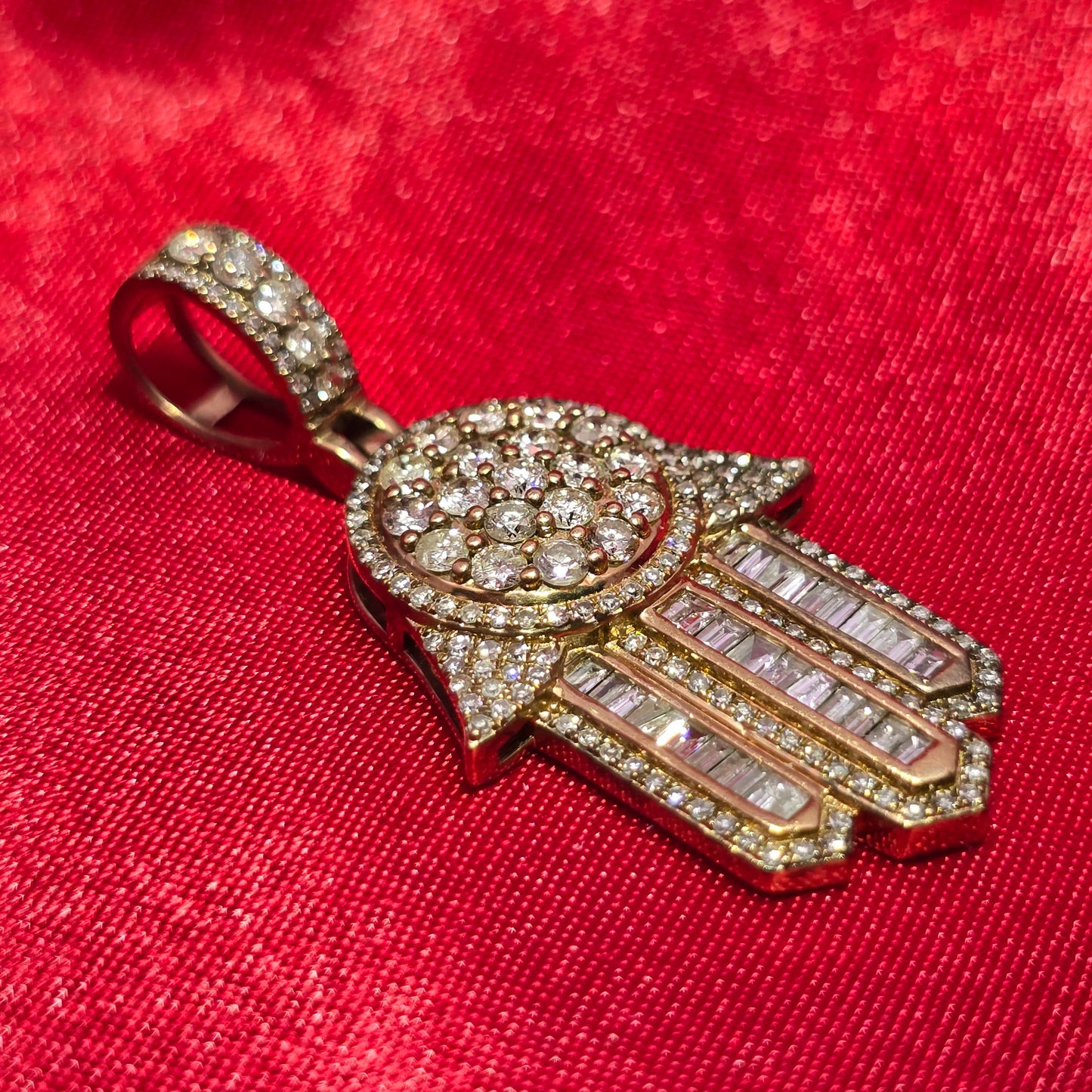 Iced Out Baguette Hamsa Pendant 1.80 ctw Diamond 10K Yellow Gold