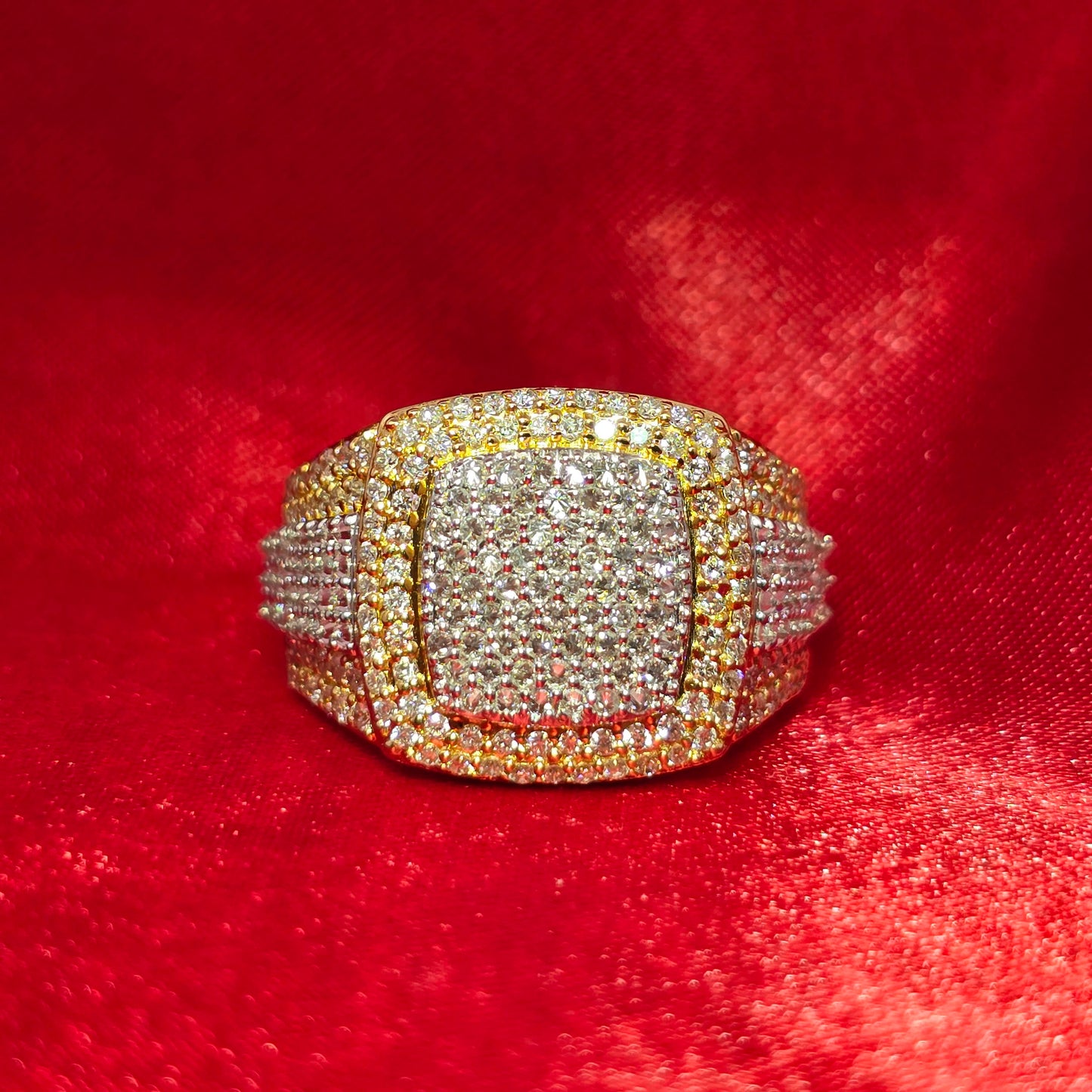 Two-Tone Iced Out Dome Ring 1.60 CTW in 10K Yellow & White Gold – Cushion Style