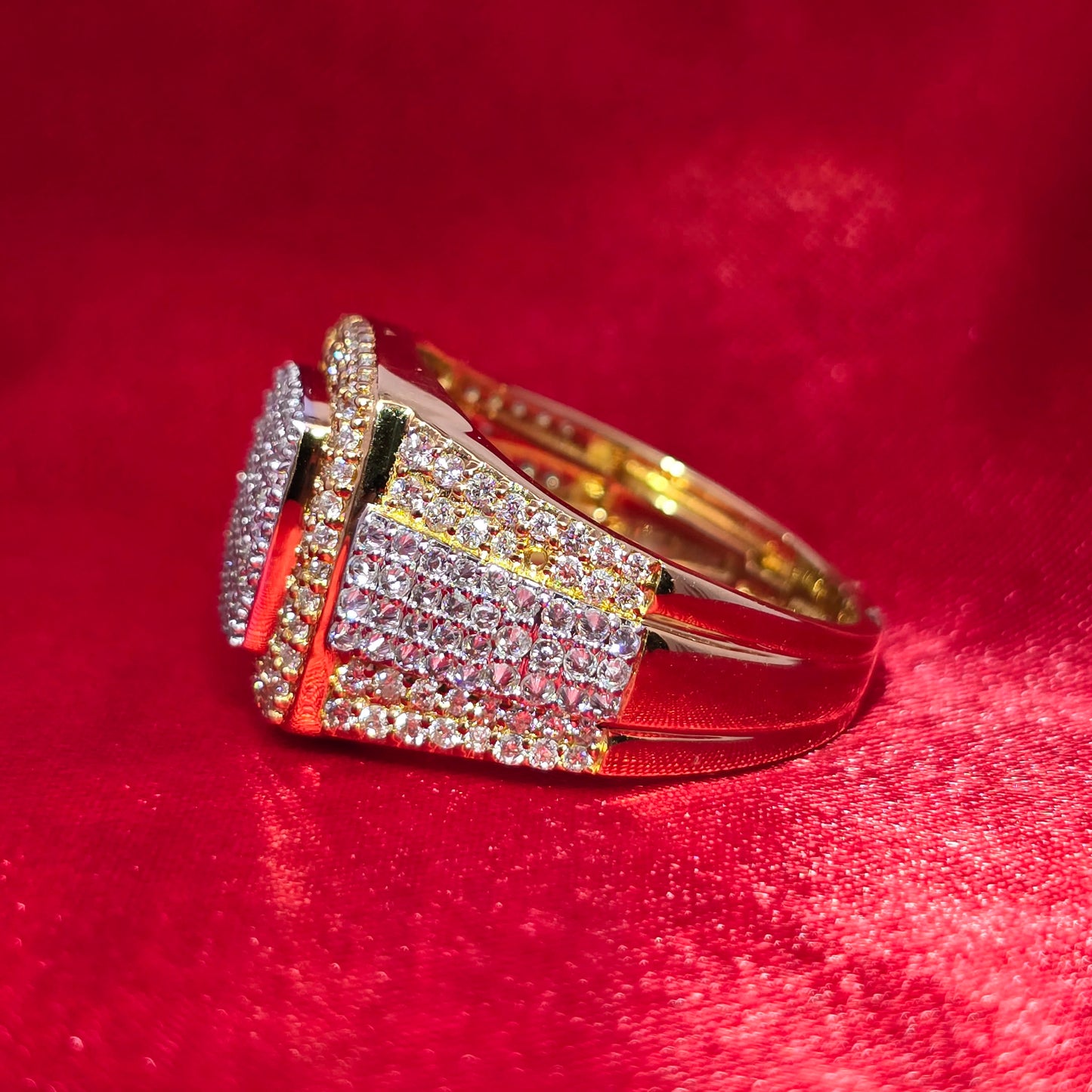 Two-Tone Iced Out Dome Ring 1.60 CTW in 10K Yellow & White Gold – Cushion Style
