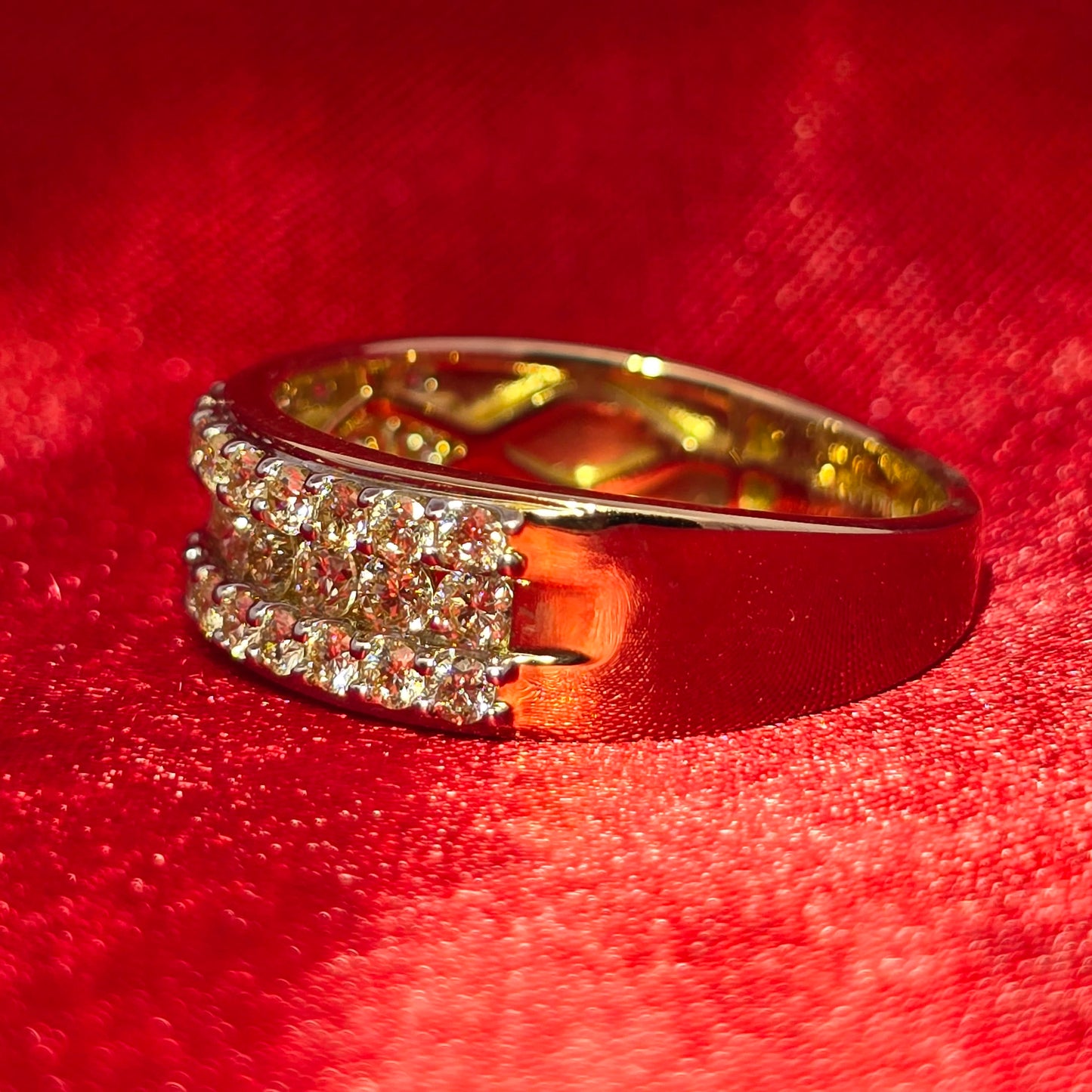 14K Yellow Gold 3-Row Diamond Band Ring 1.50 CTW | Round Cut Iced-Out Look