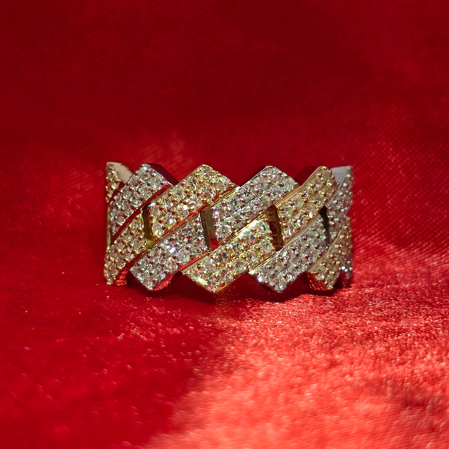10K Yellow Gold Diamond Cuban Link Ring 1.15ctw | Iced Out Band