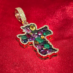 10K Yellow Gold Multi-Gemstone Diamond Cross Pendant 3.50ctw