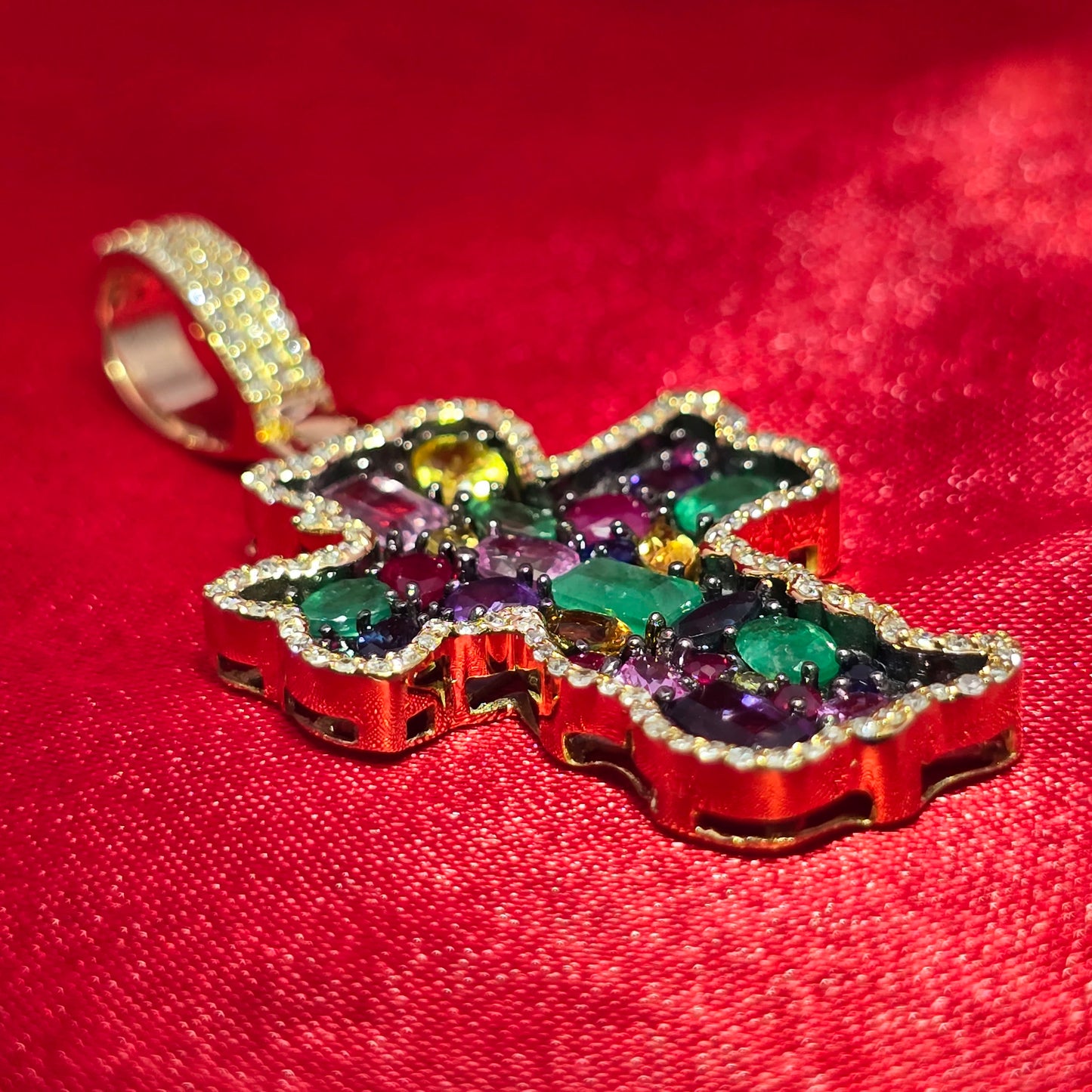 10K Yellow Gold Multi-Gemstone Diamond Cross Pendant 3.50ctw