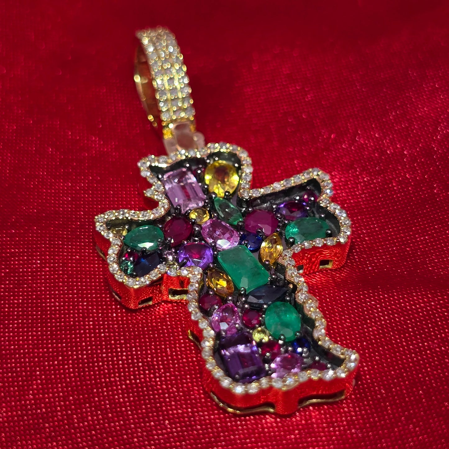 10K Yellow Gold Multi-Gemstone Diamond Cross Pendant 3.50ctw