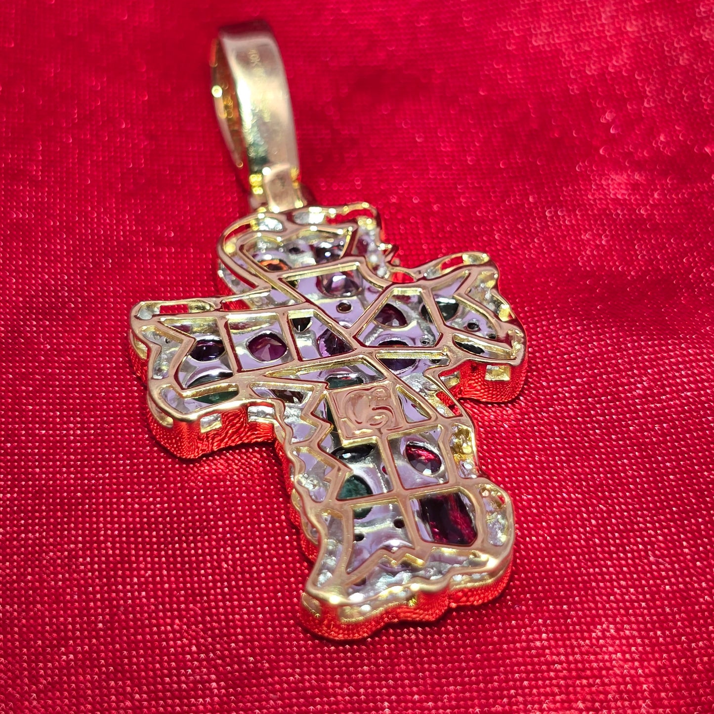 10K Yellow Gold Multi-Gemstone Diamond Cross Pendant 3.50ctw