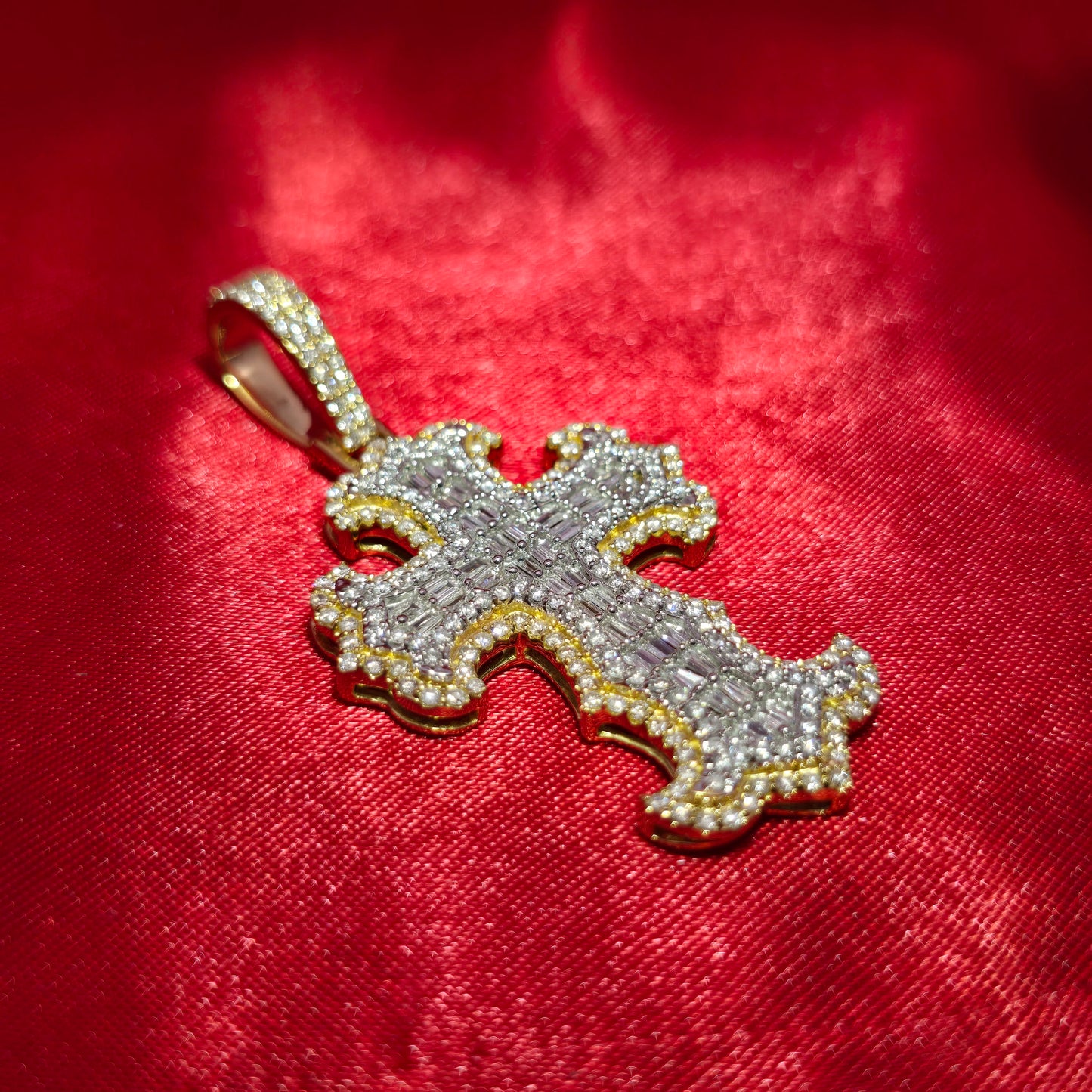 10K Yellow Gold Baguette & Round Diamond Cross Pendant 1.50ctw
