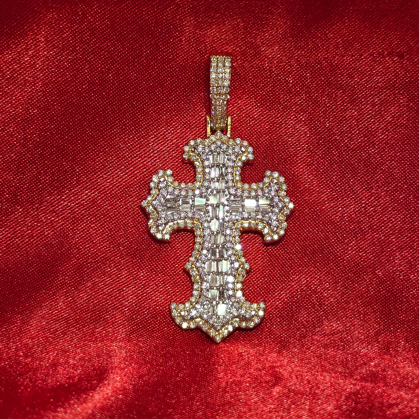 10K Yellow Gold Baguette & Round Diamond Cross Pendant 1.50ctw
