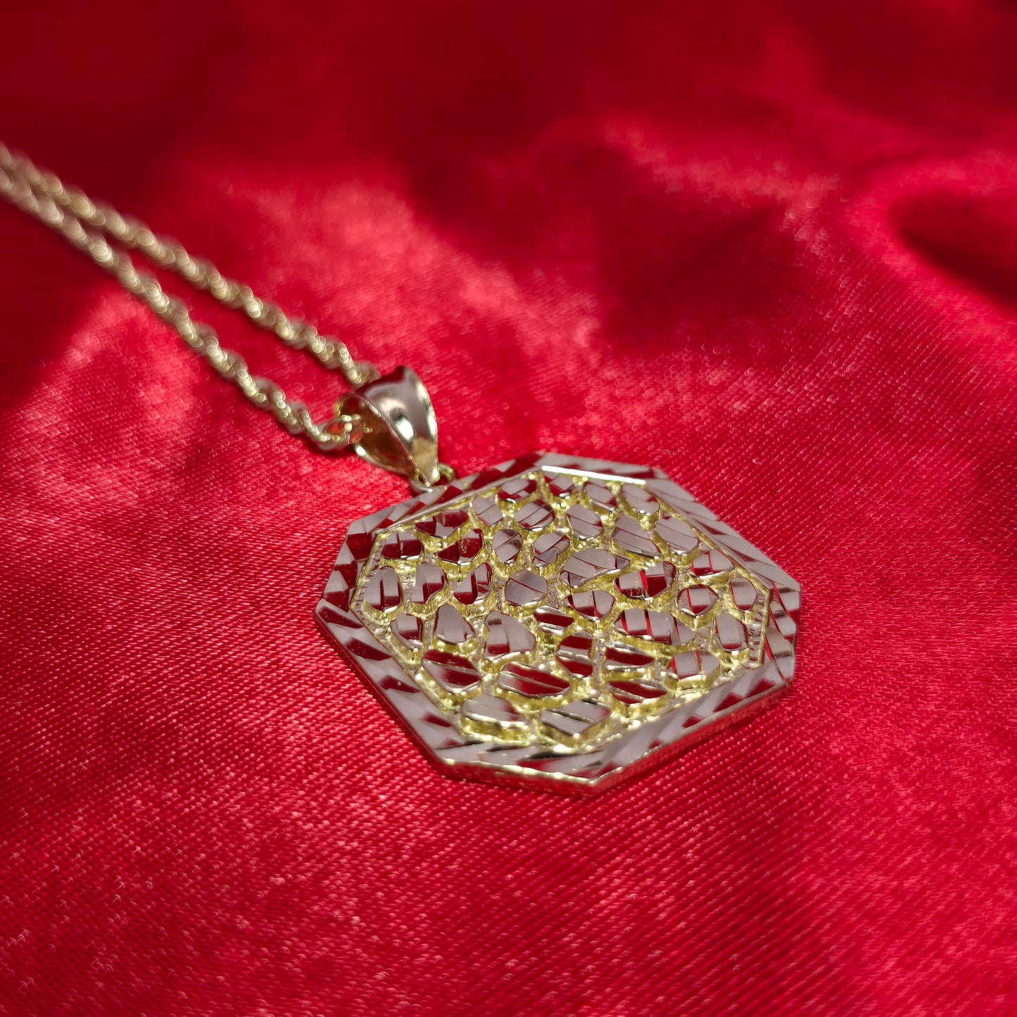 10K Yellow Gold Rope Chain with Diamond-Cut Octagon Nugget Pendant | Geometric Nugget Style Design