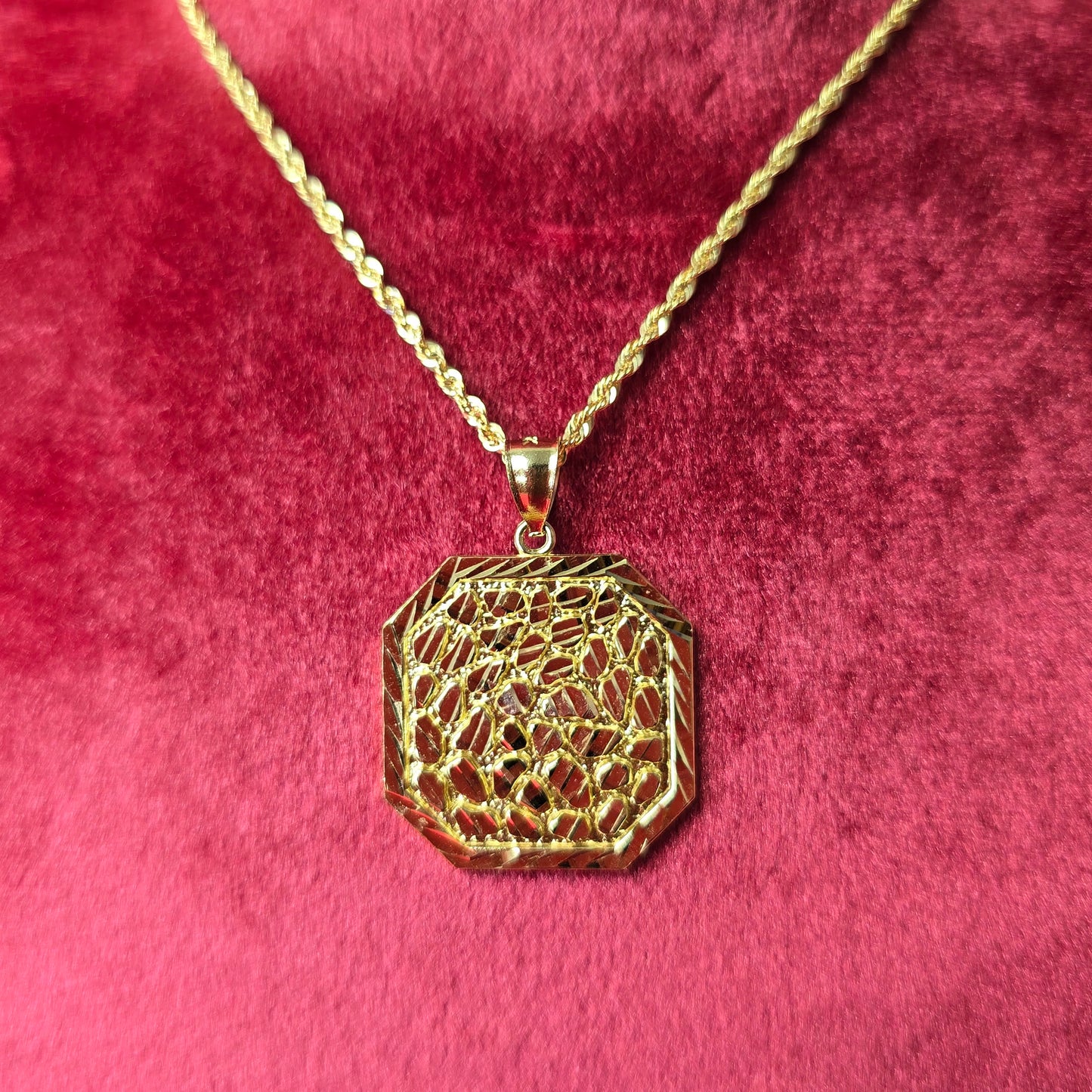10K Yellow Gold Rope Chain with Diamond-Cut Octagon Nugget Pendant | Geometric Nugget Style Design
