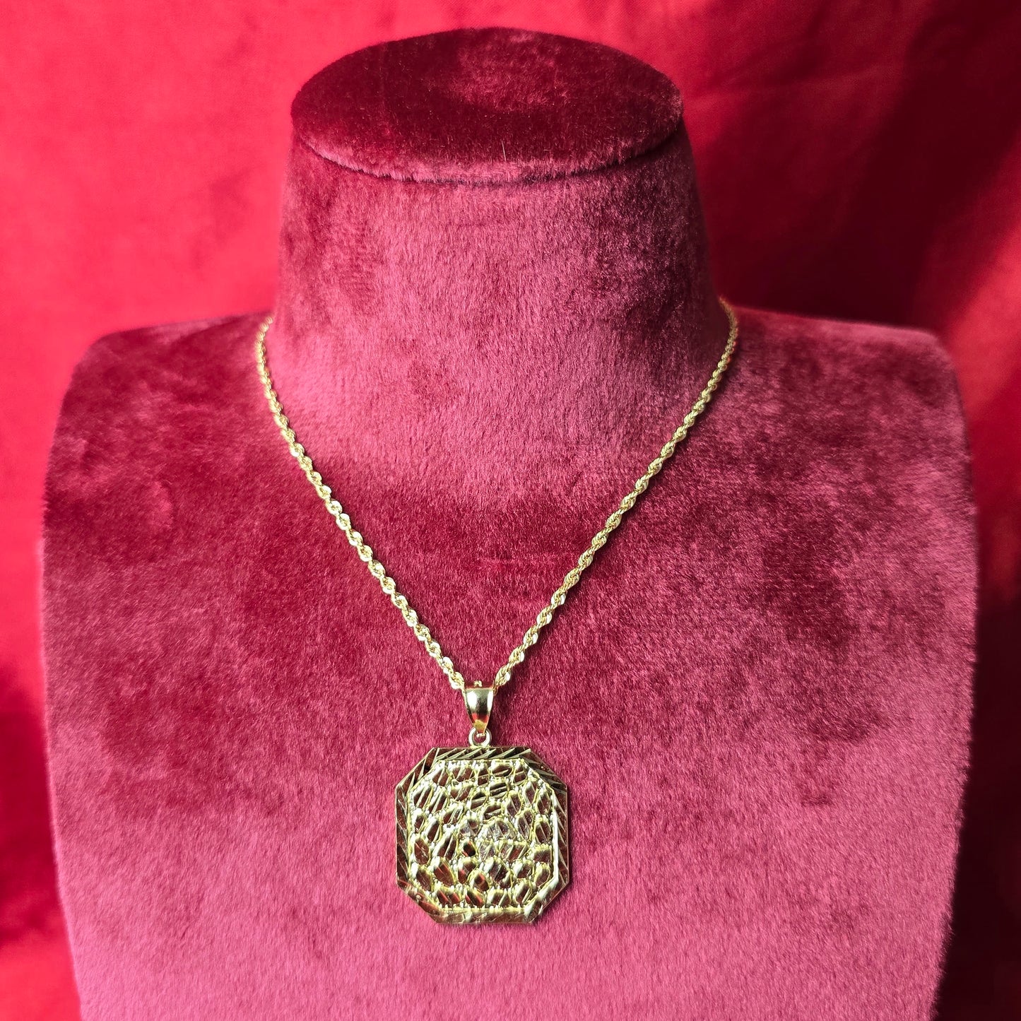 10K Yellow Gold Rope Chain with Diamond-Cut Octagon Nugget Pendant | Geometric Nugget Style Design
