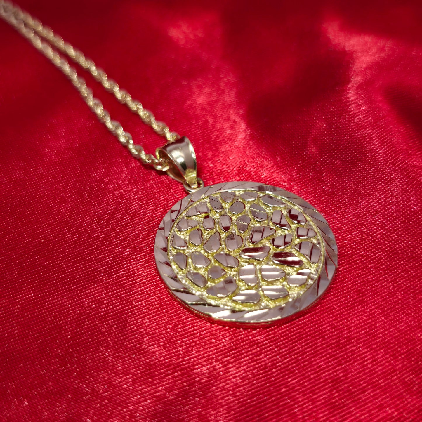 10K Yellow Gold Rope Chain with Diamond-Cut Circular Nugget Pendant | Geometric Nugget Style