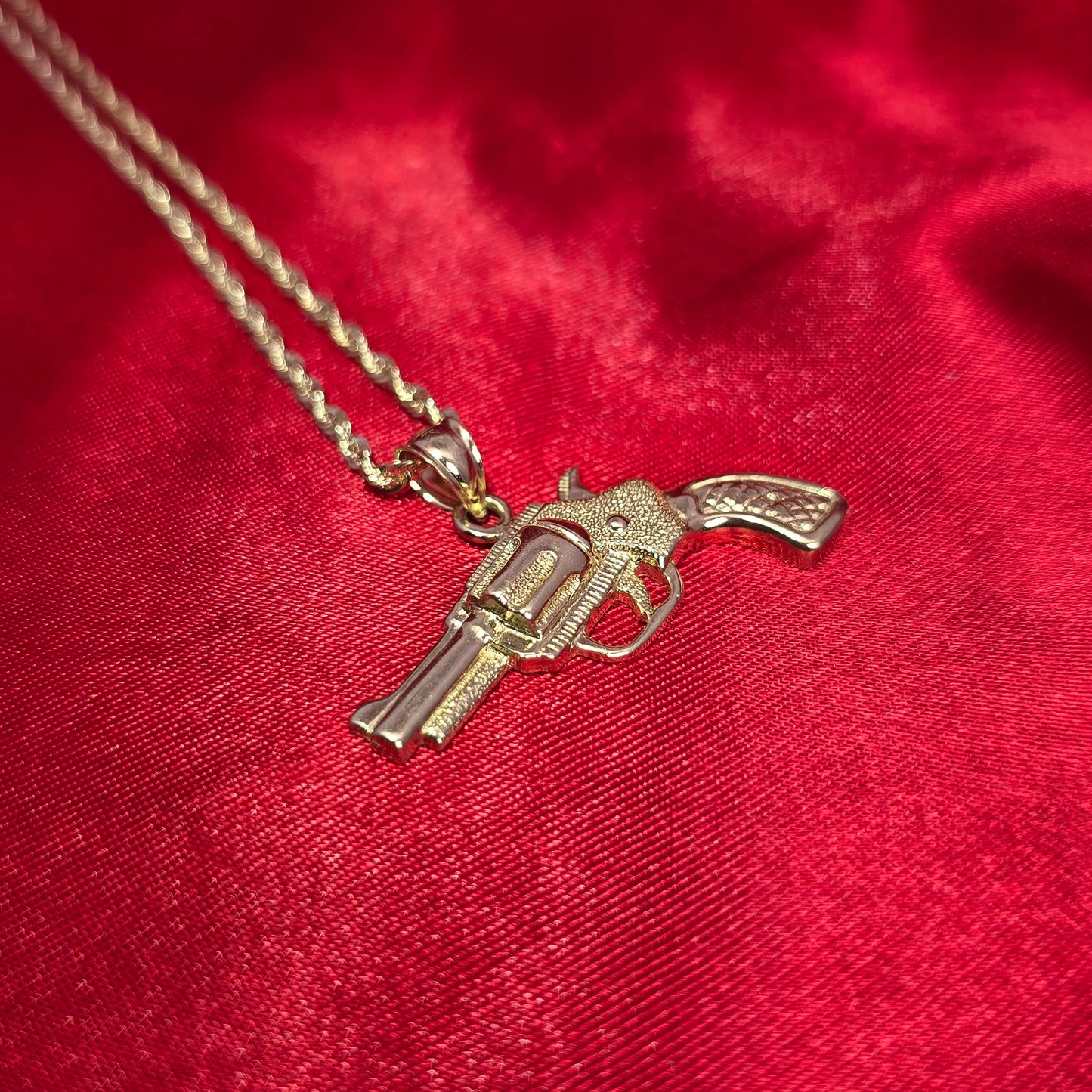 10K Yellow Gold Rope Chain with Textured Pistol Pendant | Western Gun Design Necklace