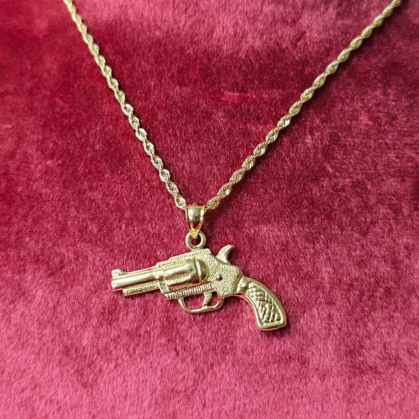 10K Yellow Gold Rope Chain with Textured Pistol Pendant | Western Gun Design Necklace